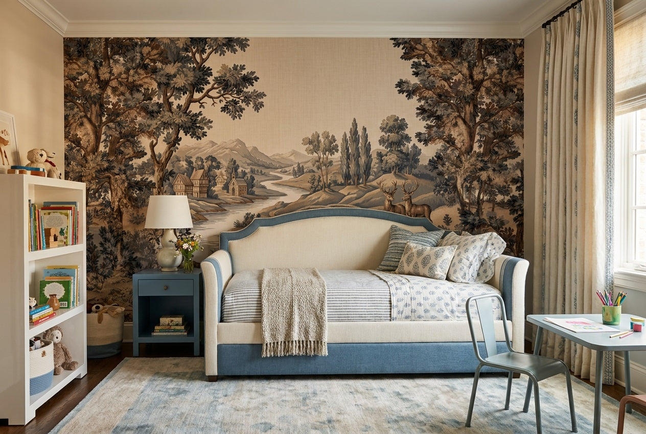 Blue Bridge Forest Tapestry Wallpaper Mural - 3