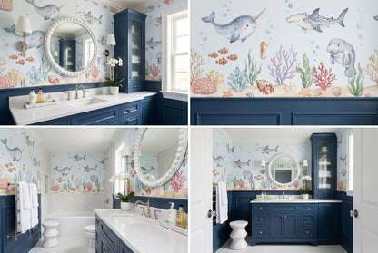 Blue Narwhal Reef Wallpaper Mural view 3