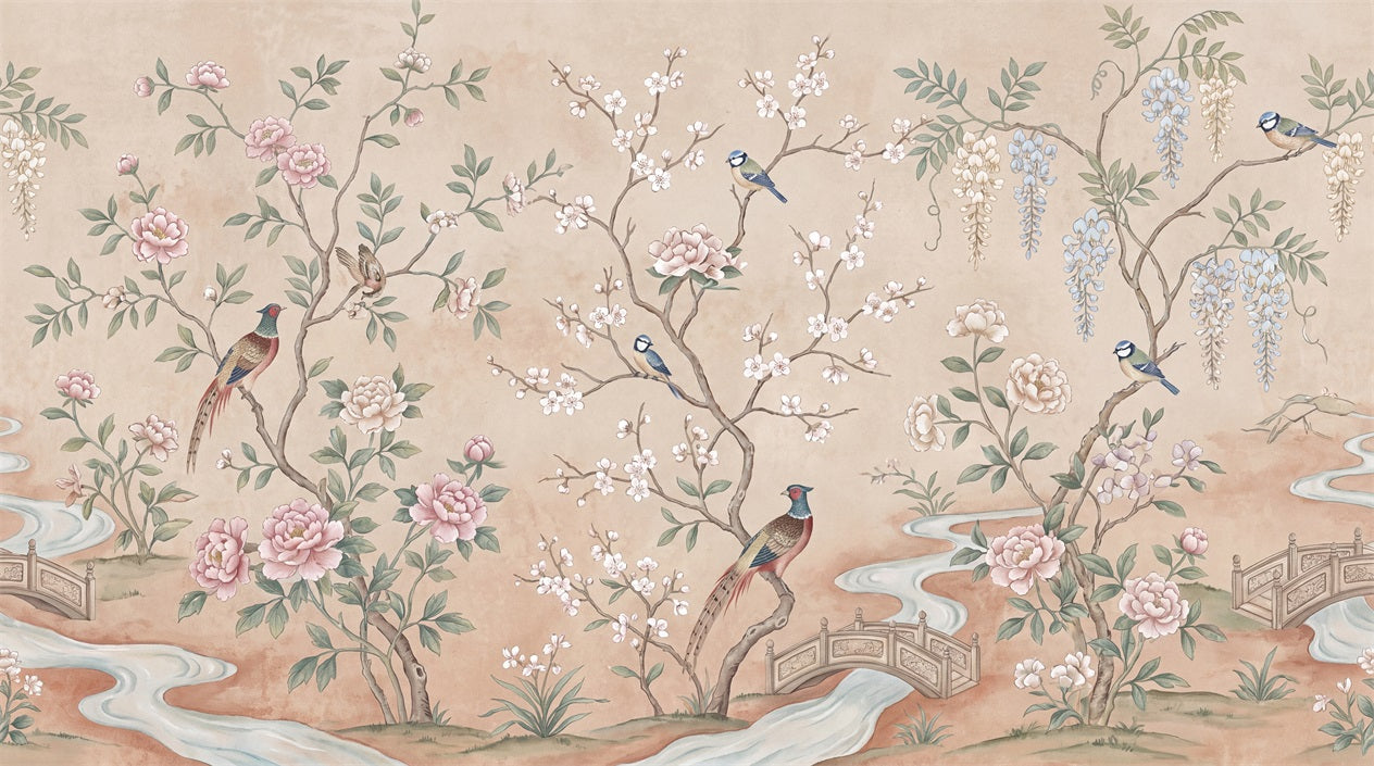Blush Floral Birds Chinoiserie Wallpaper Mural - 2