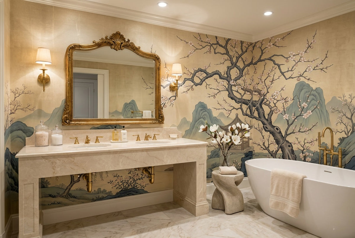 Gold Mountain Lake Chinoiserie Wallpaper Mural - 3