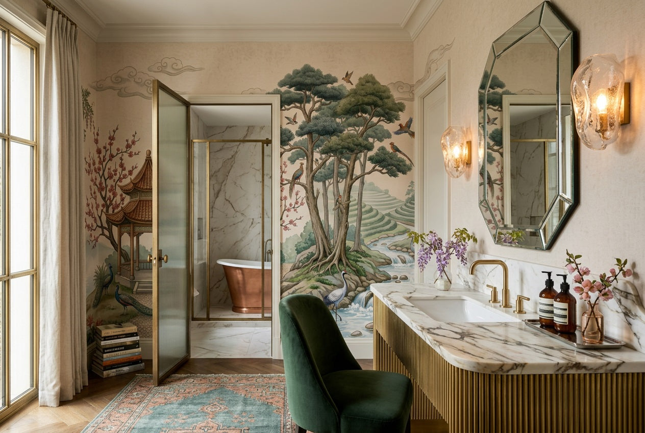 Green Pines and Stream Chinoiserie Wallpaper Mural - 3