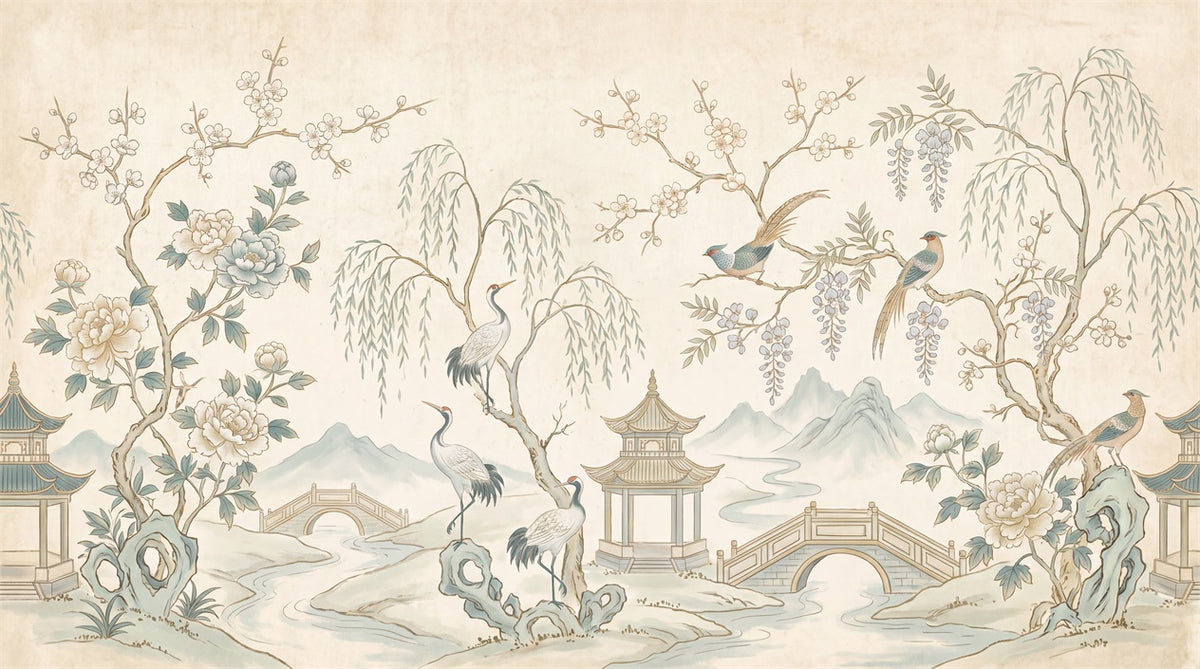 Ivory Crane and Blossom Chinoiserie Wallpaper Mural - 2