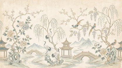 Ivory Crane and Blossom Chinoiserie Wallpaper Mural - 2