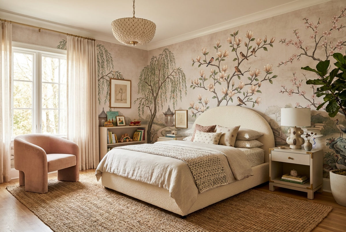 Ivory Magnolia Tree Chinoiserie Wallpaper Mural - 5