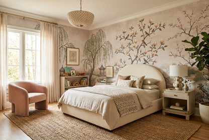 Ivory Magnolia Tree Chinoiserie Wallpaper Mural - 5