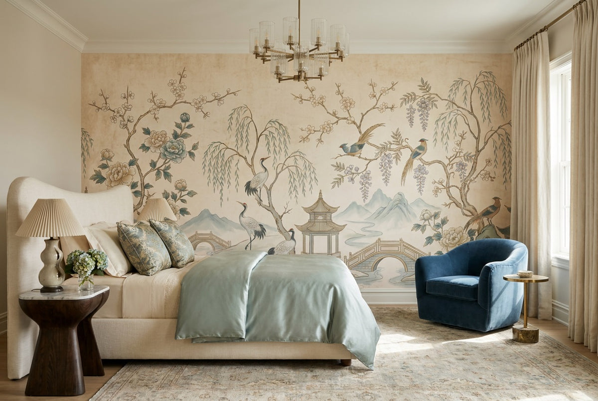 Ivory Crane and Blossom Chinoiserie Wallpaper Mural - 4