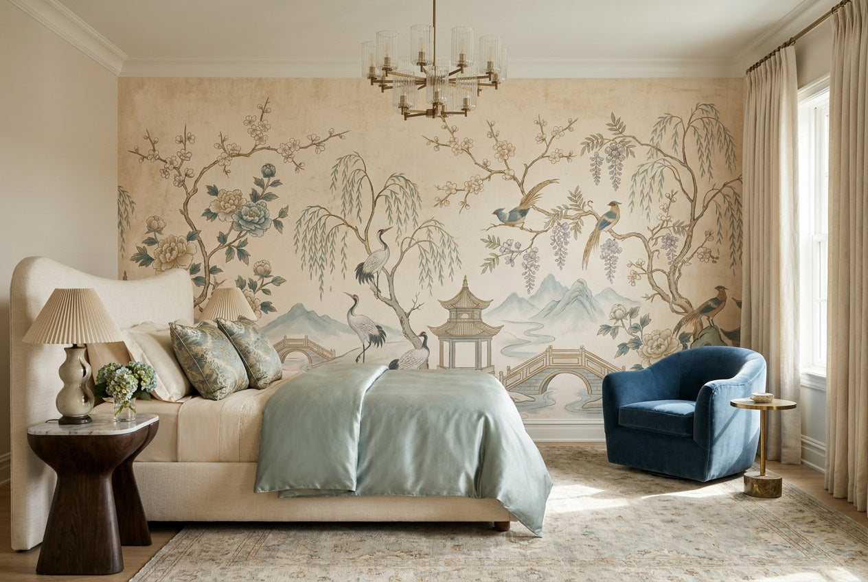 Ivory Crane and Blossom Chinoiserie Wallpaper Mural - 4