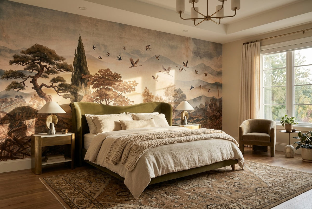 Rust Birds and Trees Landscape Wallpaper Mural - 3