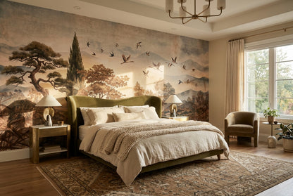 Rust Birds and Trees Landscape Wallpaper Mural - 3