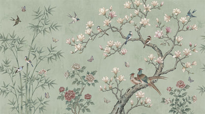 Sage Magnolia Birds Chinoiserie Wallpaper Mural - 2