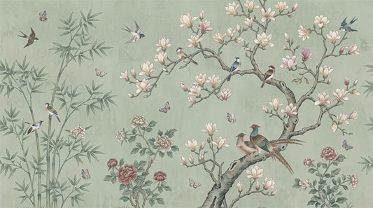 Sage Magnolia Birds Chinoiserie Wallpaper Mural - 2