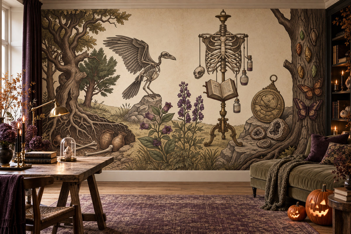 Skeleton Specimen Raven and Woodland Botanicals Halloween Wallpaper Mural - image 3