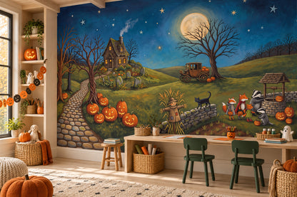 Moonlit Pumpkin Farm Witches and Cottage Halloween Wallpaper Mural - image 4