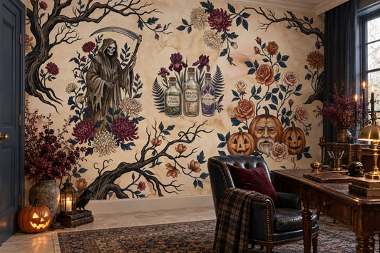 Grim Reaper Potions Roses and Pumpkins Halloween Wallpaper Mural - image 1