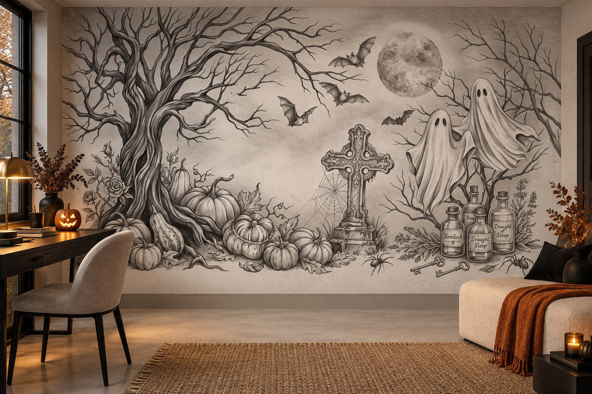 Ghosts Pumpkins Grave Cross and Potion Bottles Halloween Wallpaper Mural - image 3