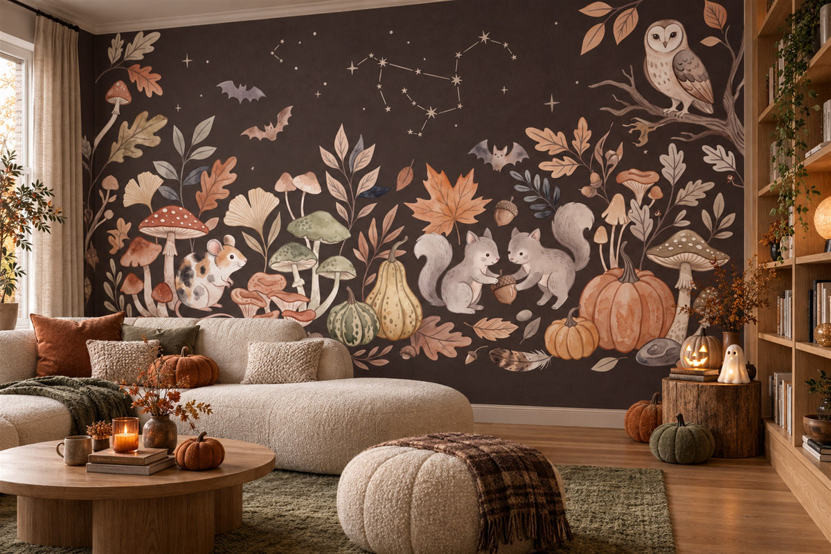 Owl Squirrel Hedgehog Pumpkins and Mushrooms Halloween Wallpaper Mural - image 4