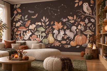 Owl Squirrel Hedgehog Pumpkins and Mushrooms Halloween Wallpaper Mural - image 4