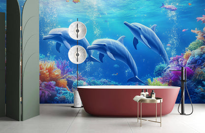 Sunlit Dolphin Reef Mural Wallpaper