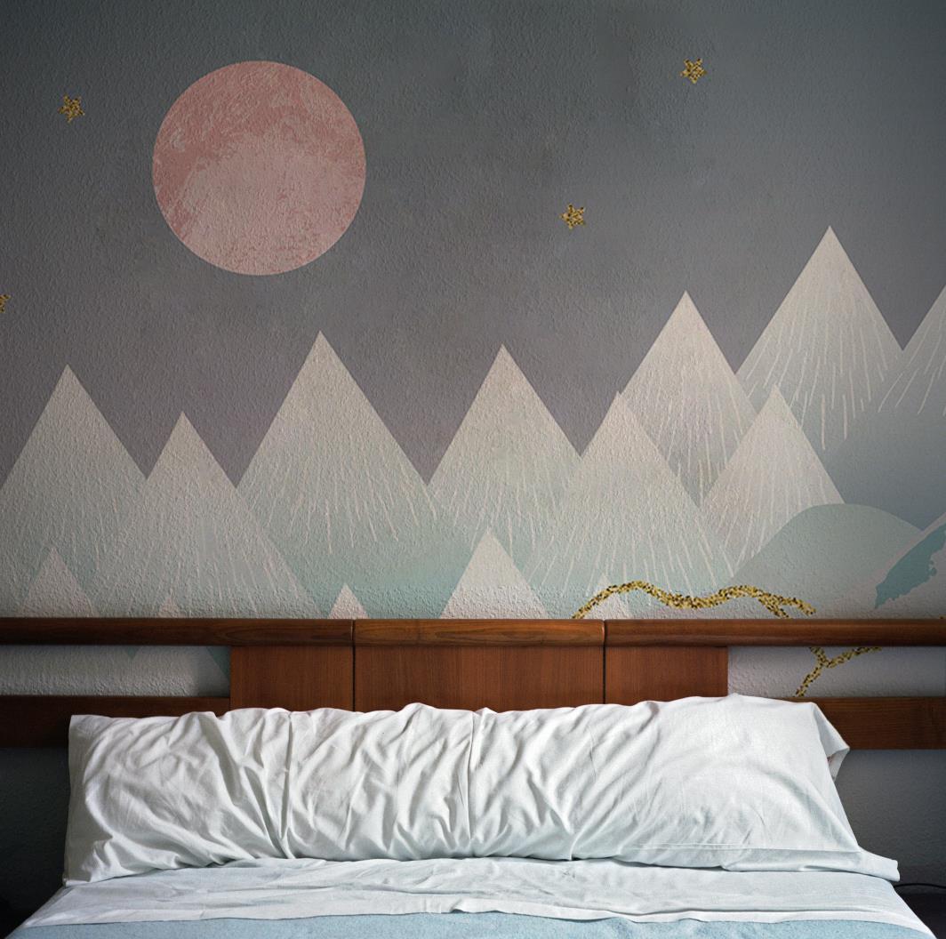 Pink Moon Gold Mountains Abstract Mural Wallpaper