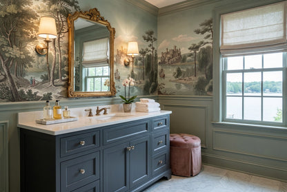 Vintage Blue Castle Lake Wallpaper Mural room scene
