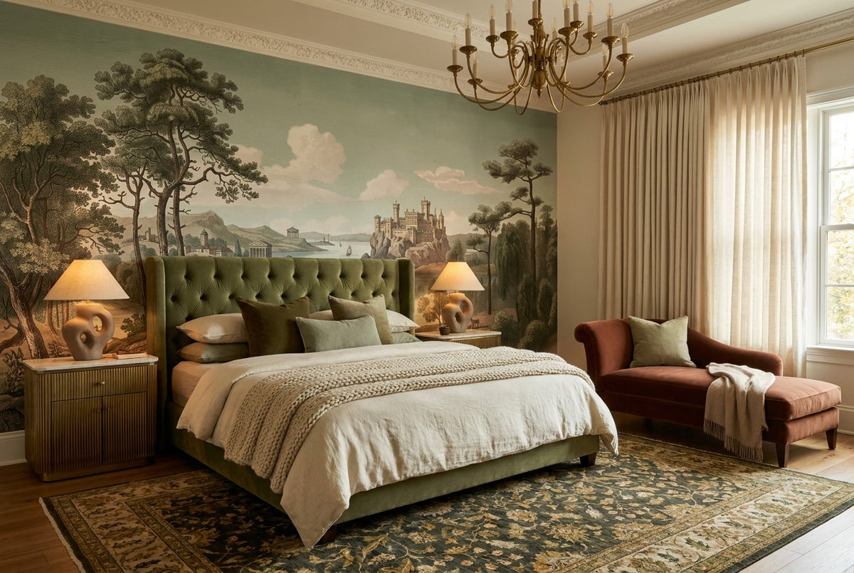 Vintage Blue Castle Lake Wallpaper Mural room scene