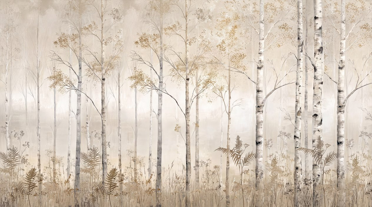 Beige Birch Forest Wallpaper Mural complete artwork