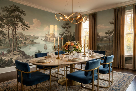 Vintage Blue Castle Lake Wallpaper Mural dining room scene