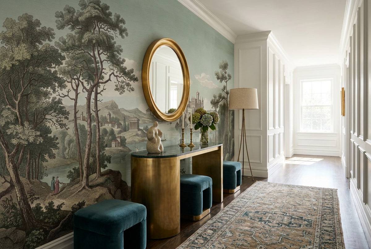 Vintage Blue Castle Lake Wallpaper Mural room scene