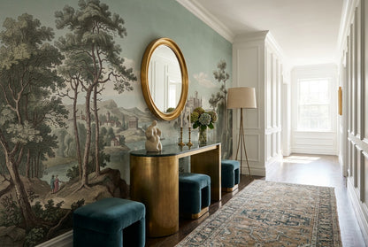 Vintage Blue Castle Lake Wallpaper Mural room scene