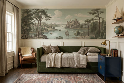 Vintage Blue Castle Lake Wallpaper Mural room scene