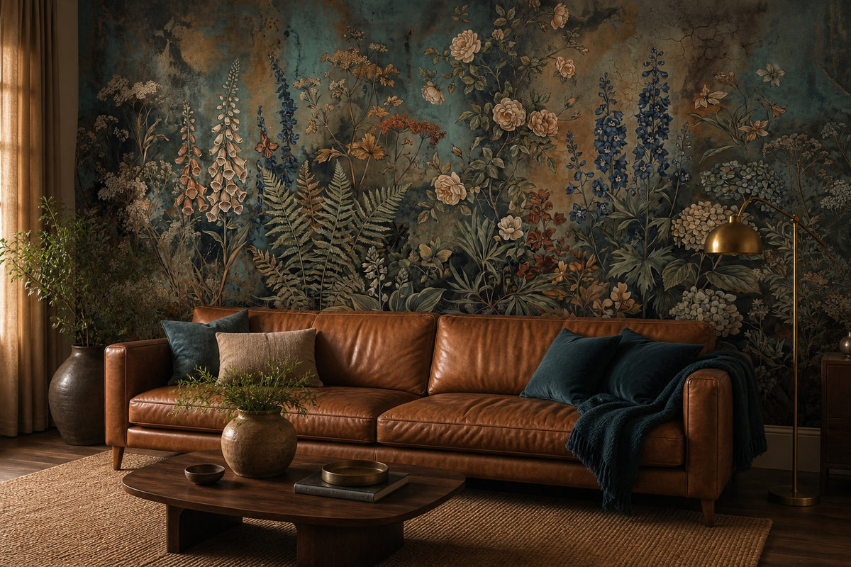 Teal Antique Wildflower Garden Wallpaper Mural - 1