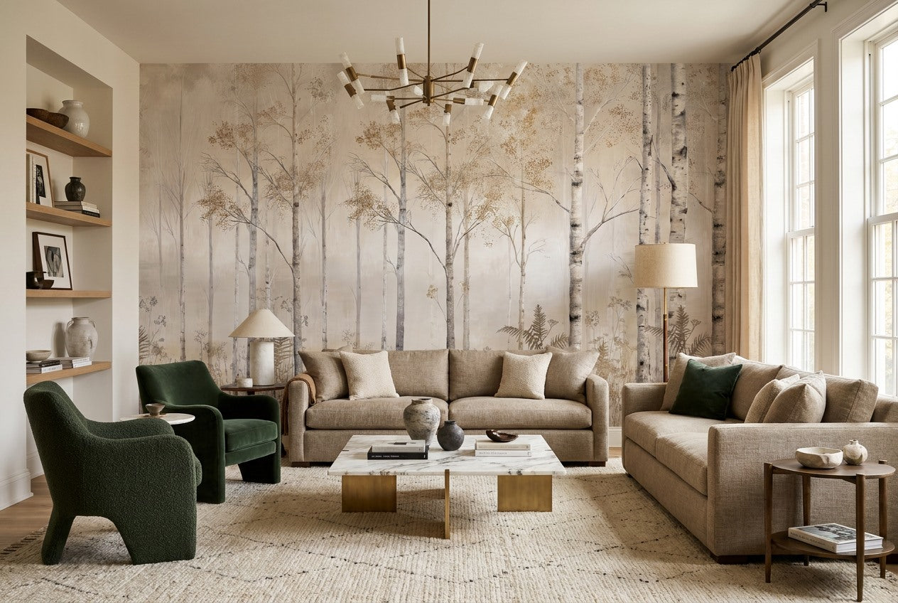 Beige Birch Forest Wallpaper Mural room scene