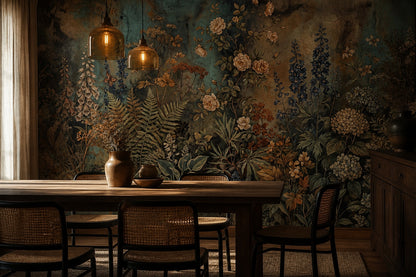 Teal Antique Wildflower Garden Wallpaper Mural - 3