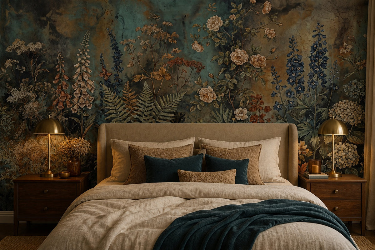 Teal Antique Wildflower Garden Wallpaper Mural - 4