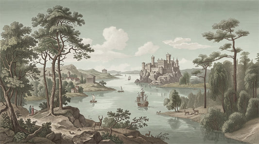 Vintage Blue Castle Lake Wallpaper Mural pattern artwork