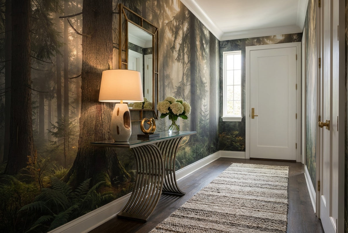Sunlit Woodland Pine Forest Wallpaper Mural interior scene