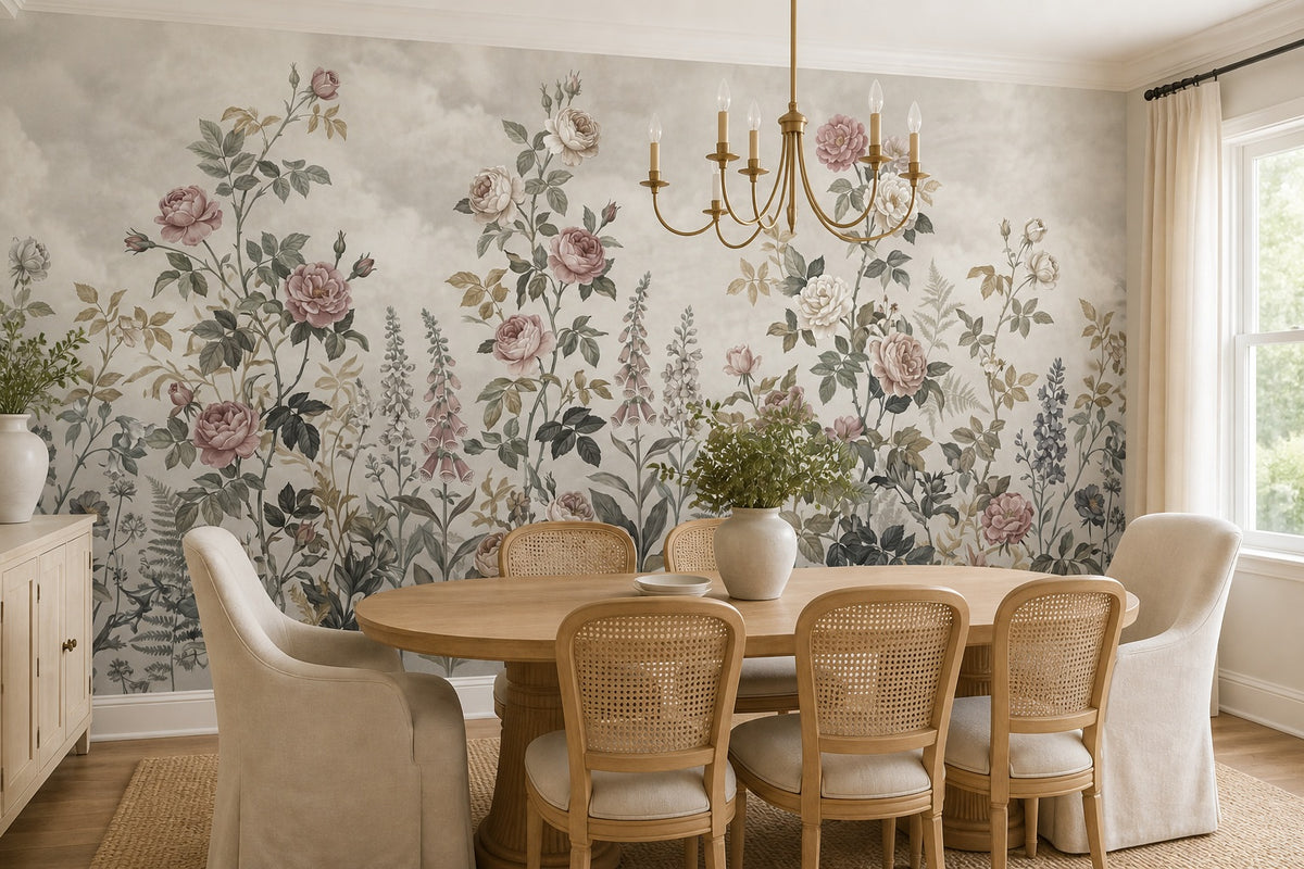 Taupe Rose Border English Garden Wallpaper Mural - 3