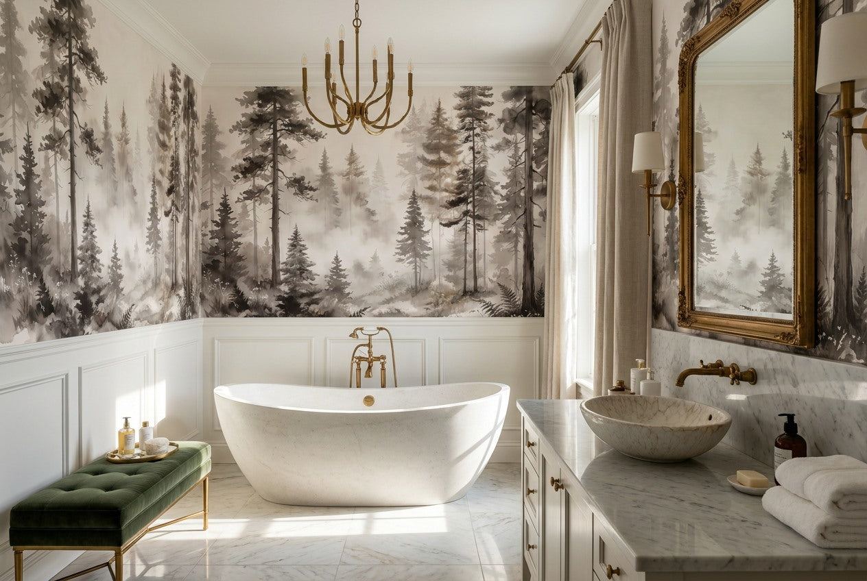 Taupe Minimal Pine Forest Wallpaper Mural interior setting