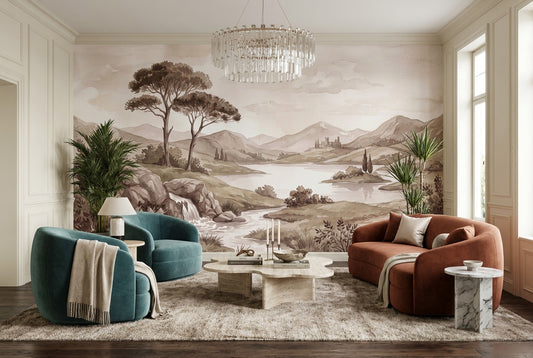 Taupe Pine Lake Landscape Wallpaper Mural - 1