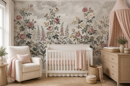 Taupe Rose Border English Garden Wallpaper Mural - 7