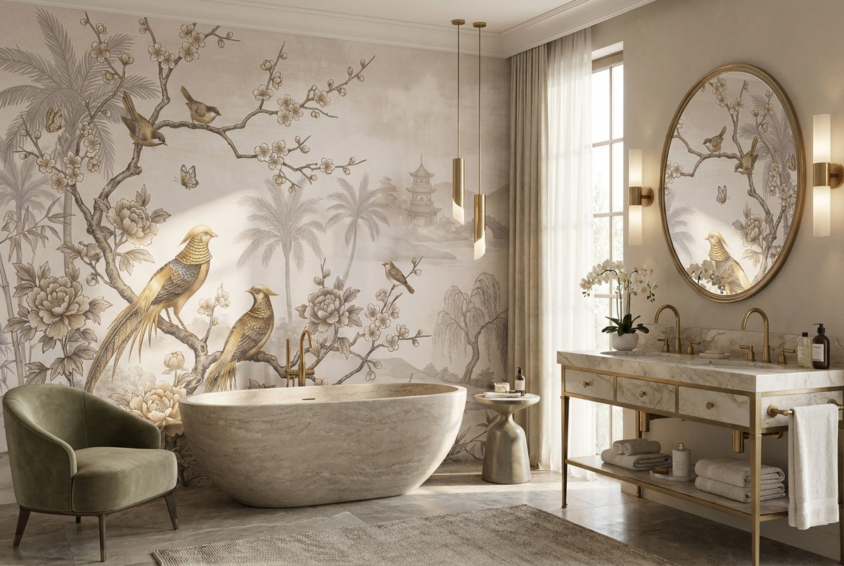 Taupe Pagoda Landscape Chinoiserie Wallpaper Mural - 3
