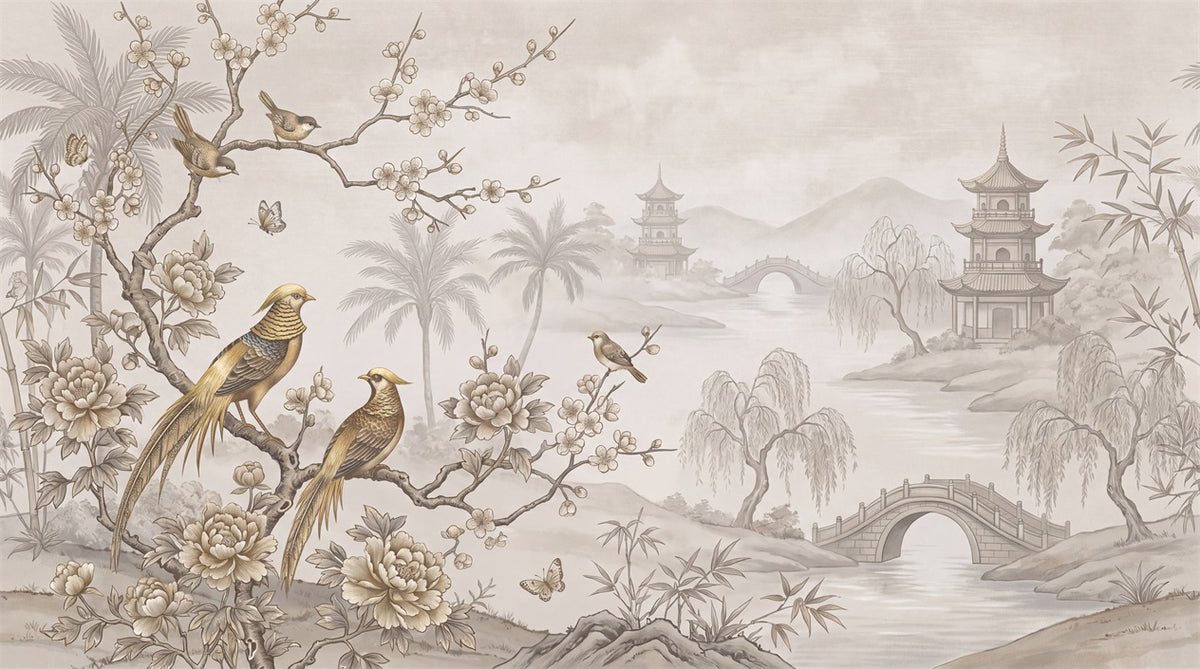Taupe Pagoda Landscape Chinoiserie Wallpaper Mural - 2