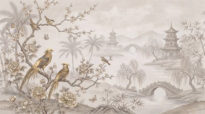 Taupe Pagoda Landscape Chinoiserie Wallpaper Mural - 2