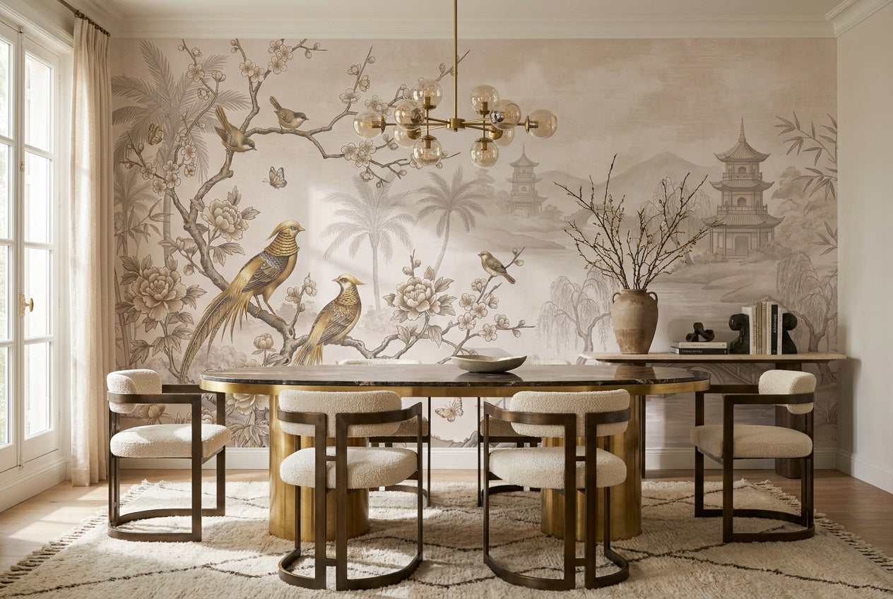 Taupe Pagoda Landscape Chinoiserie Wallpaper Mural - 1
