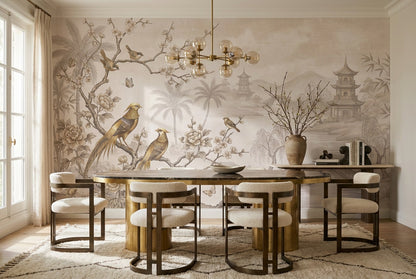Taupe Pagoda Landscape Chinoiserie Wallpaper Mural - 1
