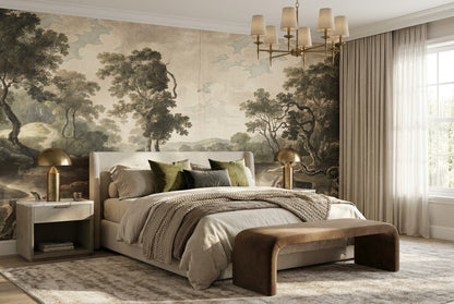 Taupe Lakeside Trees Landscape Wallpaper Mural - 4