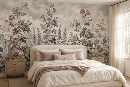 Taupe Rose Border English Garden Wallpaper Mural - 4