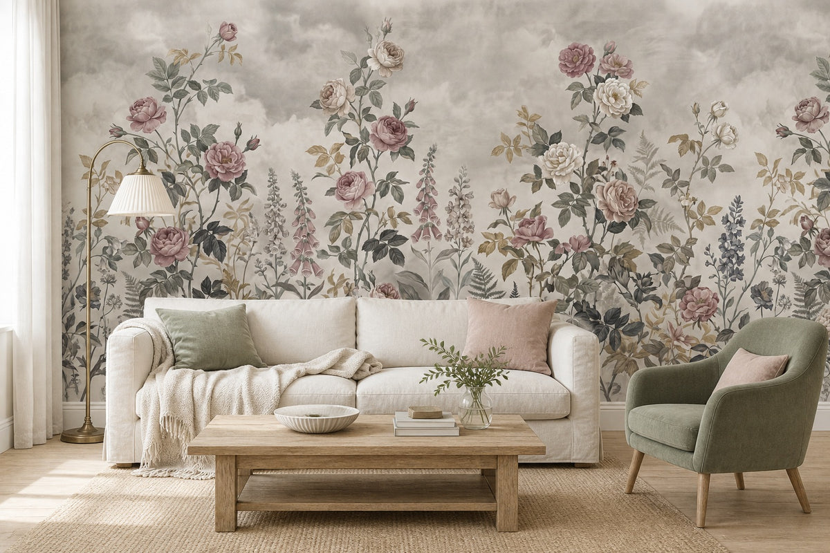 Taupe Rose Border English Garden Wallpaper Mural - 1