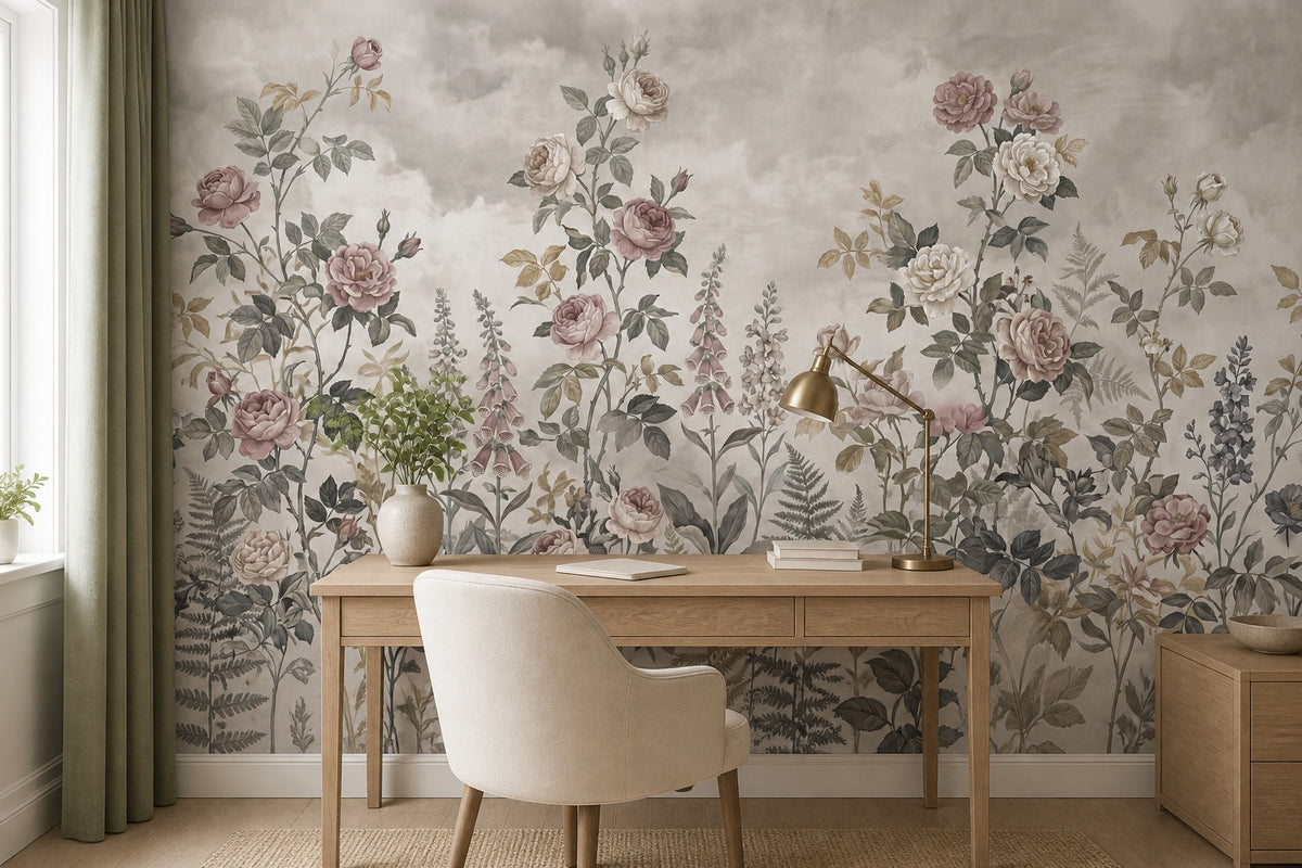Taupe Rose Border English Garden Wallpaper Mural - 5