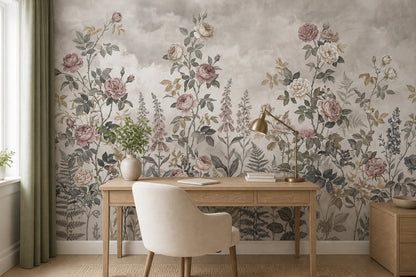 Taupe Rose Border English Garden Wallpaper Mural - 5